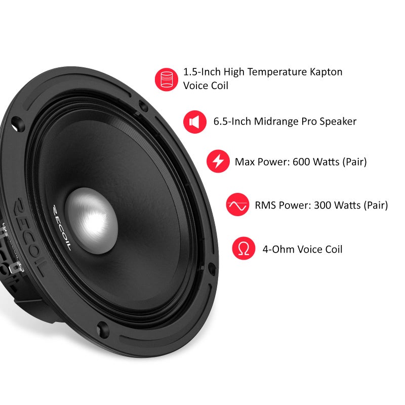 RECOIL MS65-4P 6.5-Inch Midrange Pro Audio Car Speakers, 600 Watts Max Pair 4Ohm, 1.5-Inch High Temperature Kapton Voice Coil, Premium Quality Audio Door Speakers - Image 5