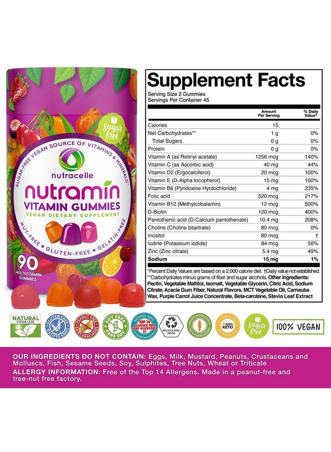 Nutracelle Nutramin Daily Vegan Keto Multivitamin Gummies Vitamin C D2 And Zinc For Immunity Plantbased Sugarfree Nutfree Glutenfree With Biotin Vitamin A B B6 B12 & More 90 Count 45 Day Supply - Image 4