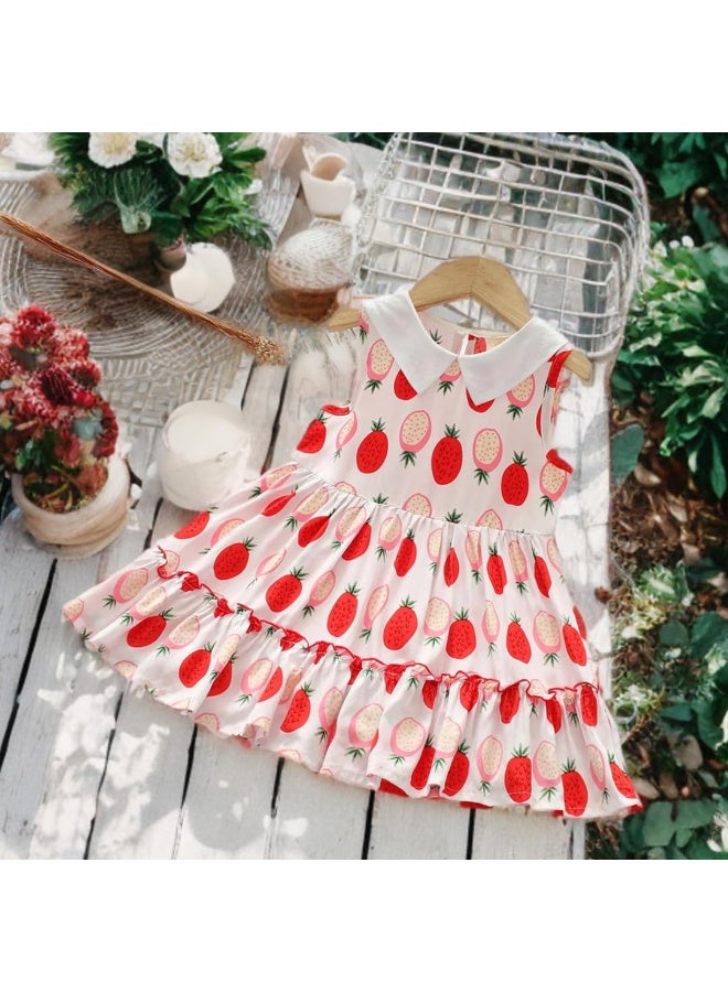 MiniMe Baby Girls’ Strawberry Print Summer Dress |  Cotton | 4‑5 Years | White & Red | Lightweight & Breathable | Peter Pan Collar & Ruffle Hem | Perfect for Birthdays, Photos & Everyday Play - Image 2