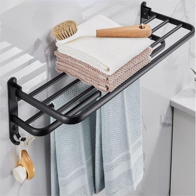 LUXIUR Stainless Steel Folding Towel Rack for Bathroom/Towel Stand for Bathroom Accessories and Fittings Optimal Storage, with Sleek Black Finish - Durable 18 Inch - Image 5