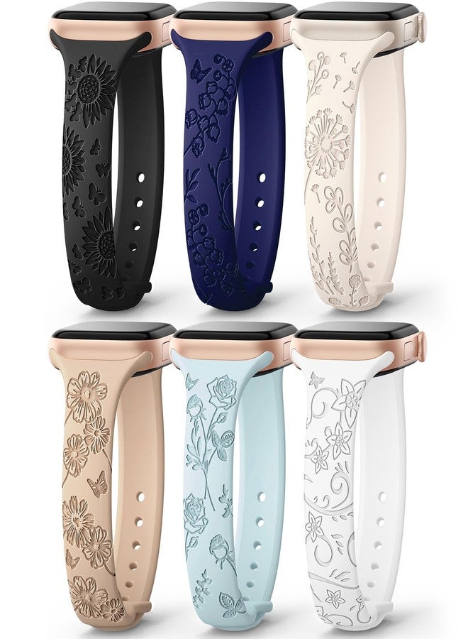 امسكاي مجموعة AMSKY من 6 أساور رفيعة محفورة بنقوش زهرية، متوافقة مع ساعات Apple Watch بمقاسات 40 مم، 41 مم، 42 مم، 38 مم، 44 مم، 45 مم، 46 مم، 49 مم، للنساء. سوار رياضي أنيق من السيليكون لساعات iWatch Series 10 Ultra و9 و8 و7 و6 و5 و4 و3 و2 و1 وSE. - Image 1