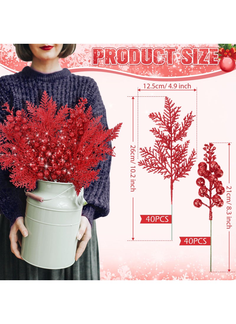 Cindeer Cindeer 80 Pcs Red Christmas Glitter Berries Stems Pine Needles Christmas Artificial Picks Fake Floral Twig Spray for Xmas Tree Ornaments DIY Wreath Garland Decorations  - Image 2