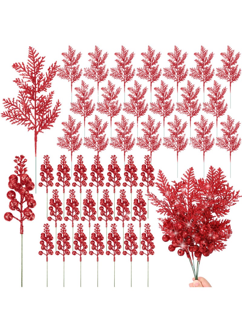 Cindeer Cindeer 80 Pcs Red Christmas Glitter Berries Stems Pine Needles Christmas Artificial Picks Fake Floral Twig Spray for Xmas Tree Ornaments DIY Wreath Garland Decorations  - Image 1