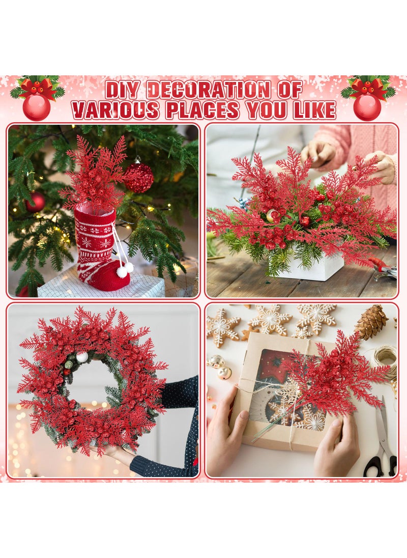 Cindeer Cindeer 80 Pcs Red Christmas Glitter Berries Stems Pine Needles Christmas Artificial Picks Fake Floral Twig Spray for Xmas Tree Ornaments DIY Wreath Garland Decorations  - Image 3