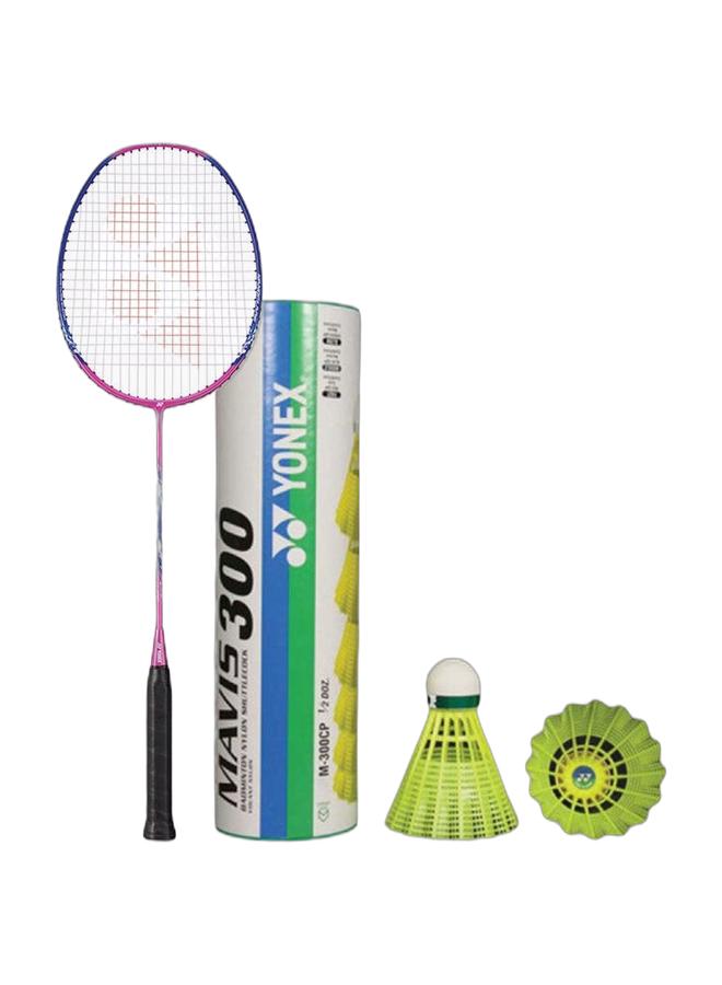 Yonex Nanoflare 001 Feel Clear Pink 5U G4 + Mavis 300 Green Cap Slow Badminton Shuttlecock 6 Pack, Yellow Pack - Image 1