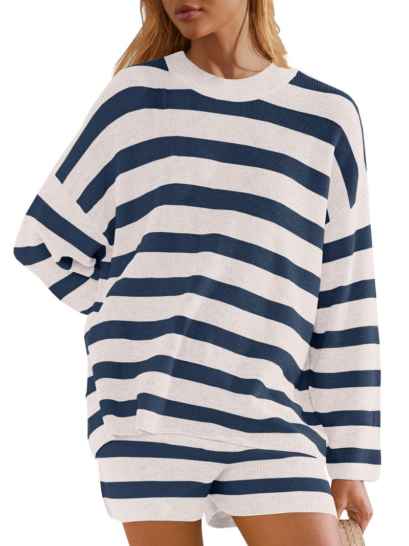 Panadila Womens Striped Sweater Set Oversized Lounge Sets Matching Pajamas Long Sleeve Sweater Top and Shorts (Blue White,M) - Image 2