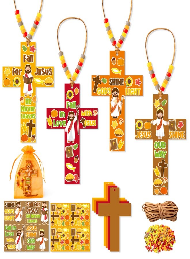 BeYumi Fall Cross Necklace Craft - 28Pcs Fall Religious Cross Necklace Craft Kit for Kids DIY Sticker and Beads Ornament Autumn Thanksgiving Decor Sunday School Classroom Party Christian Favors - Image 1
