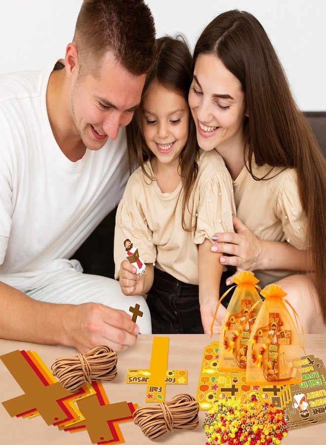 BeYumi Fall Cross Necklace Craft - 28Pcs Fall Religious Cross Necklace Craft Kit for Kids DIY Sticker and Beads Ornament Autumn Thanksgiving Decor Sunday School Classroom Party Christian Favors - Image 5