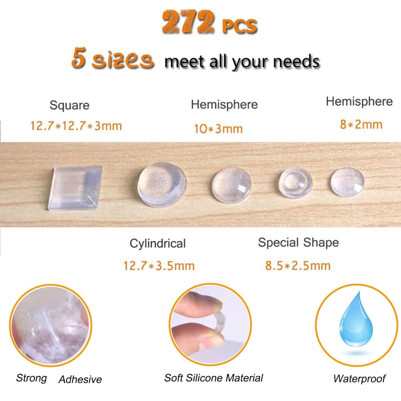 Rui Cabinet Door Bumpers Clear Self Adhesive Noise Dampening Bumper Pads 272Pcs Silicone Rubber Bumpers for Drawers Picture Frames Cutting Board and Furniture Surface Protection 5 Sizes Pack - Image 2