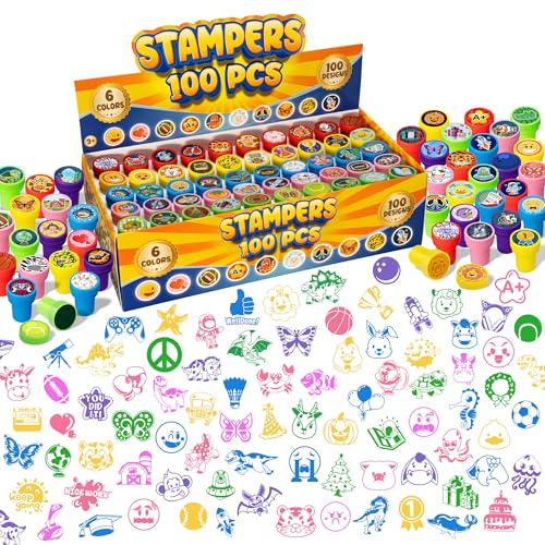 DMIGHT 100 Pcs Assorted Stamps for Kids SelfInk Stamps 100 Different Designs Dinosaur Zoo Safari butterfly space for Party Favor Carnival Prizes School Easter Egg Stuffers Halloween Christmas - Image 1