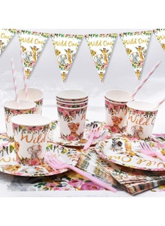 SYOSI Jungle Animal Party Supplies 63 PCS Wild One Party Reusable Tableware Plates Paper Cups Napkins Tablecloth Straws Pennants Forks Set for Girls Kids Birthday Baby Shower Dinner Dessert Party Supplies  - Image 5