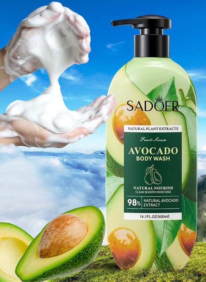 SADOER غسول الجسم بالأفوكادو 400 مل 98% مستخلص أفوكادو طبيعي منظف مرطب مغذي مرطب للبشرة ناعم مع زيت الأفوكادو يضيء ويحسن الجفاف ويزيل حب الشباب من الجسم غسول عميق التنظيف للجسم - Image 1