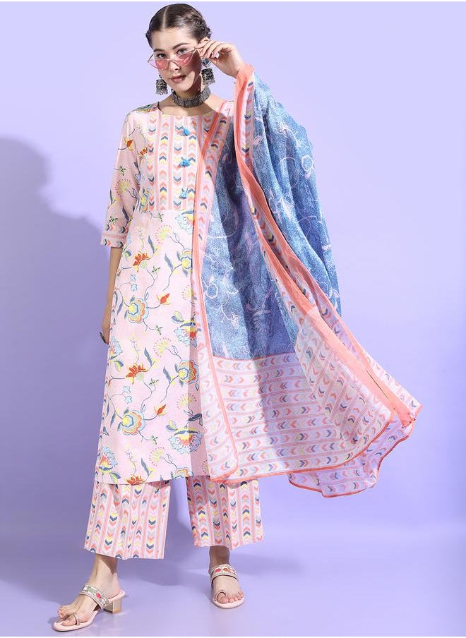 Vishudh Women Floral Cotton Kurta Set with Blue Dupatta by Styli  - Image 1