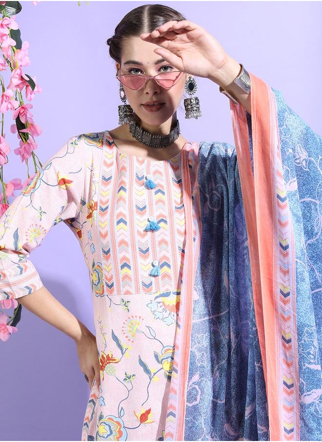 Vishudh Women Floral Cotton Kurta Set with Blue Dupatta by Styli  - Image 2