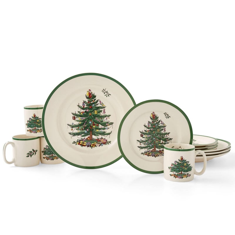 Spode Christmas Tree 12-Piece Dinnerware Set (Service for 4) - Festive Holiday Tableware Collection with Plates and Mugs - Fine Earthenware Christmas Dinnerware - Microwave & Dishwasher Safe - Image 1