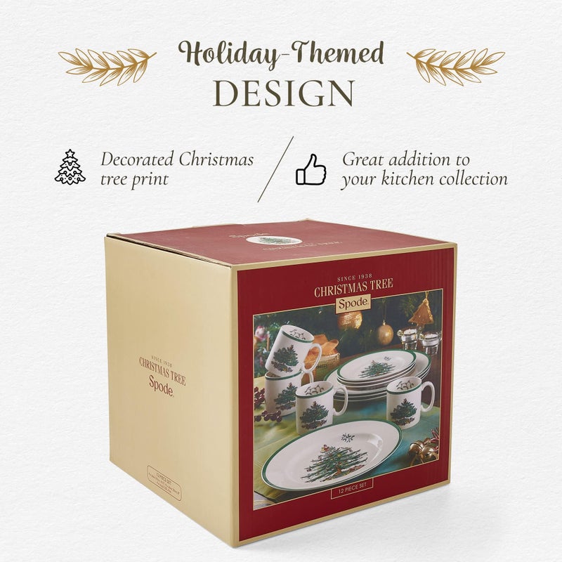 Spode Christmas Tree 12-Piece Dinnerware Set (Service for 4) - Festive Holiday Tableware Collection with Plates and Mugs - Fine Earthenware Christmas Dinnerware - Microwave & Dishwasher Safe - Image 4