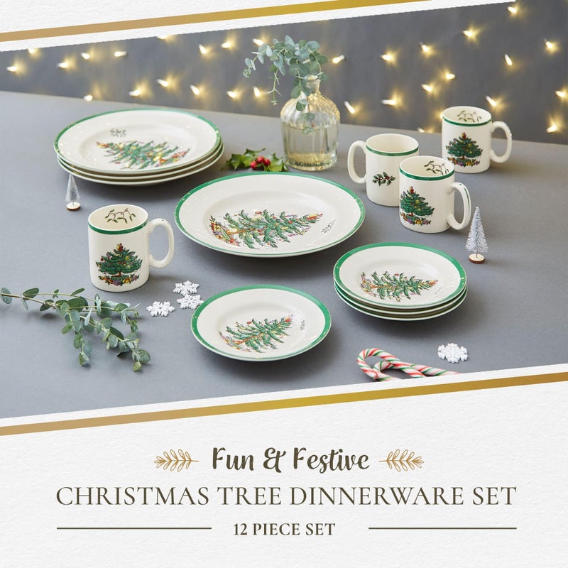 Spode Christmas Tree 12-Piece Dinnerware Set (Service for 4) - Festive Holiday Tableware Collection with Plates and Mugs - Fine Earthenware Christmas Dinnerware - Microwave & Dishwasher Safe - Image 3