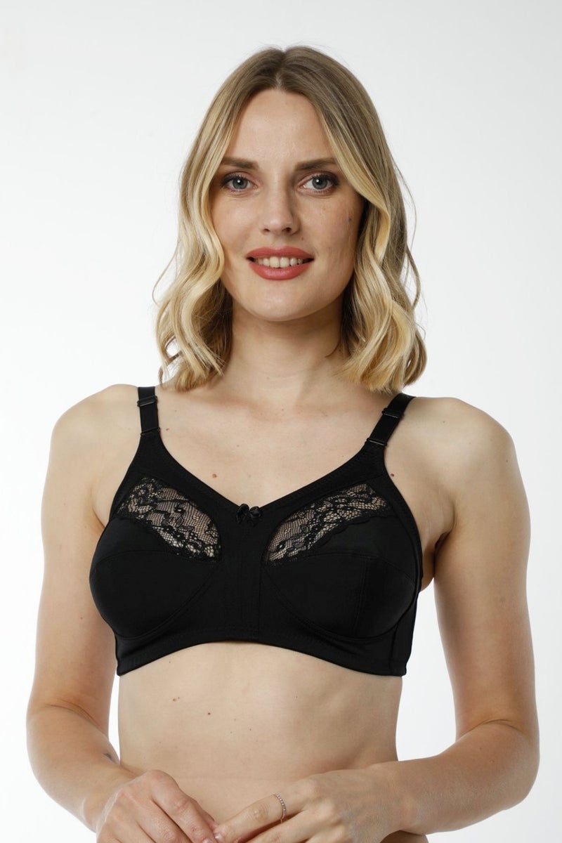 HMD Underwear Hmd 6100 Women's 3-Piece 100% Cotton Black Thin Strap Breast Lace Detailed Minimizer Bra  - Image 1