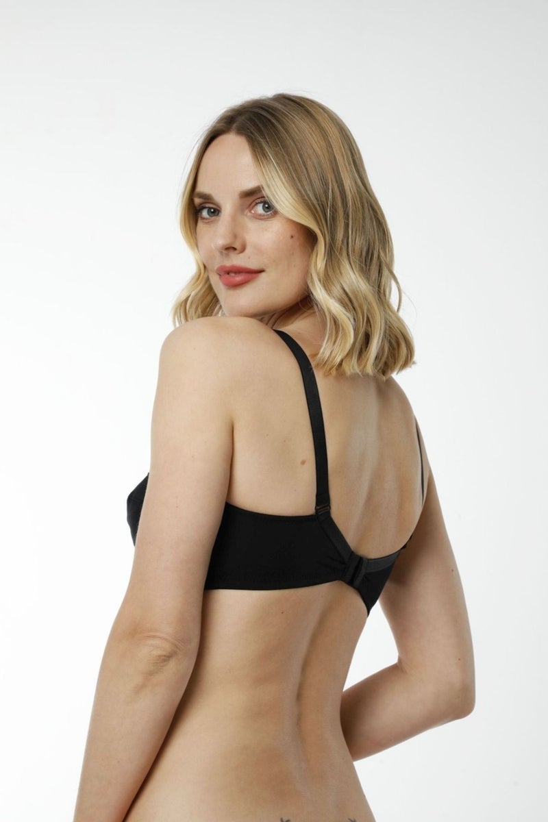 HMD Underwear Hmd 6100 Women's 3-Piece 100% Cotton Black Thin Strap Breast Lace Detailed Minimizer Bra  - Image 3