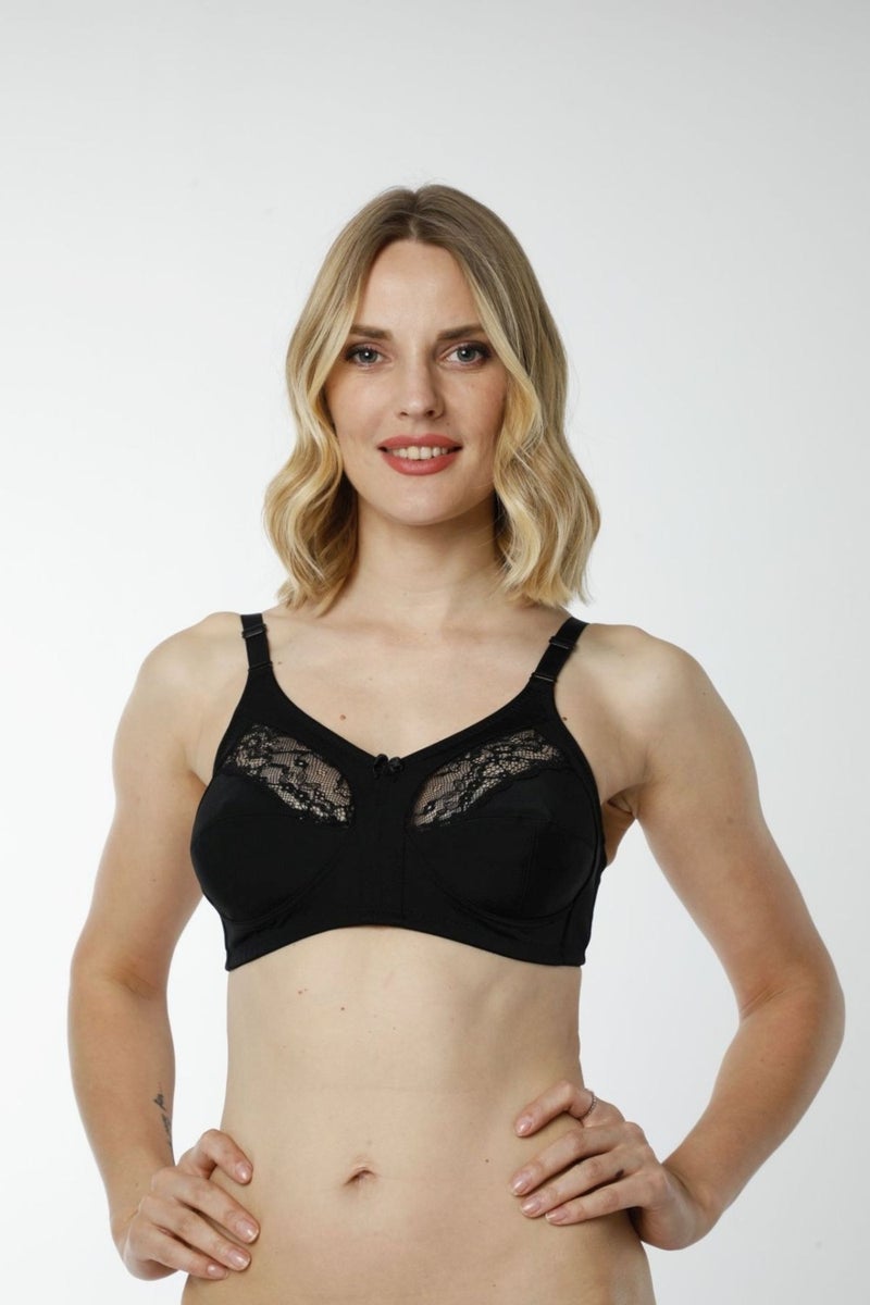 HMD Underwear Hmd 6100 Women's 3-Piece 100% Cotton Black Thin Strap Breast Lace Detailed Minimizer Bra  - Image 4