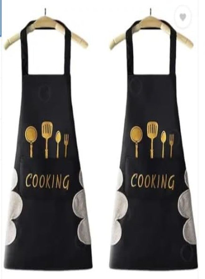 PORMONO Kitchen Apron Set with COOKING Printed Design, Waterproof, Front 2 Pocket, Color Black, PACK OF-2 (2, Black) - Image 1