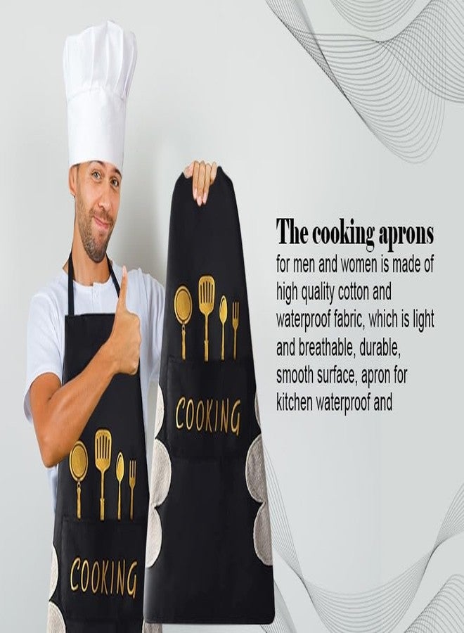 PORMONO Kitchen Apron Set with COOKING Printed Design, Waterproof, Front 2 Pocket, Color Black, PACK OF-2 (2, Black) - Image 2