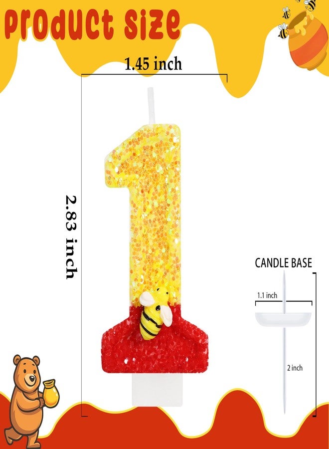 ElekFX Cartoon Honey Bear Birthday Number 1 Candle, Glitter Cute Bee Cake Topper, Red Yellow Baby Bear 1st Birthday Decorations for Kids Party Supplies - Image 2