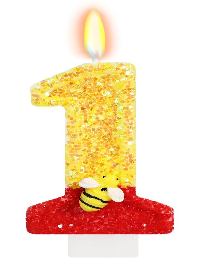 ElekFX Cartoon Honey Bear Birthday Number 1 Candle, Glitter Cute Bee Cake Topper, Red Yellow Baby Bear 1st Birthday Decorations for Kids Party Supplies - Image 1