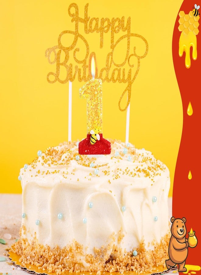 ElekFX Cartoon Honey Bear Birthday Number 1 Candle, Glitter Cute Bee Cake Topper, Red Yellow Baby Bear 1st Birthday Decorations for Kids Party Supplies - Image 4