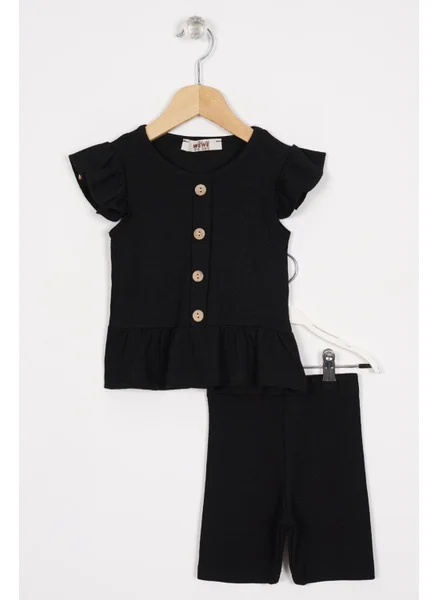 Zepkids Skirt with Frilled Button Detail Black Color Girl's Tights Set