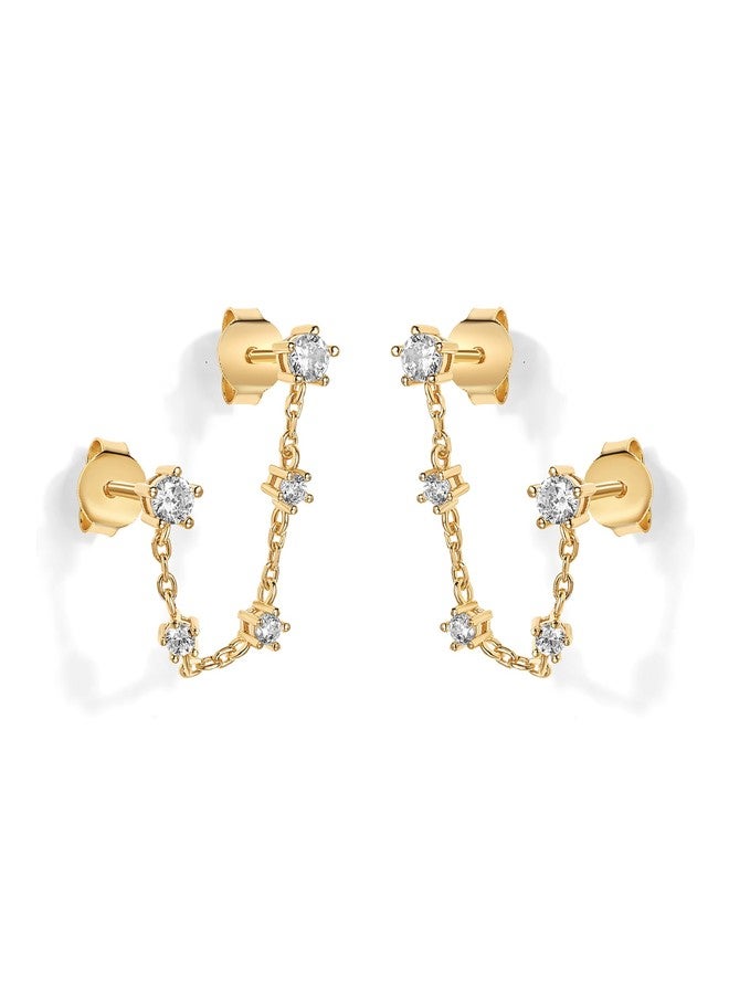 PAVOI 14K Yellow Gold Plated CZ Chain Earrings for Women - Double Piercing Dangle Chain Studs - Round Cubic Zirconia - Image 3