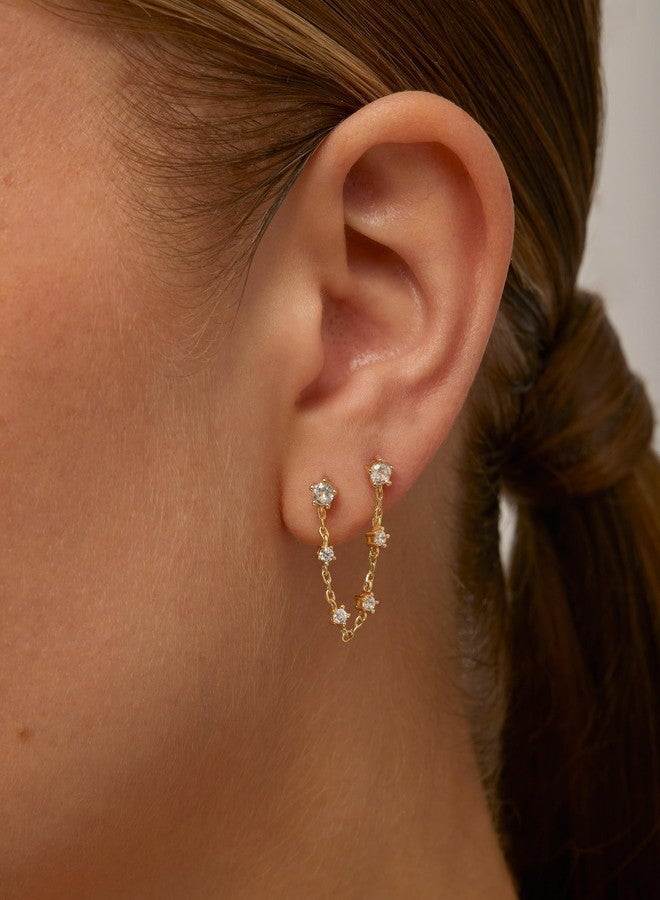 PAVOI 14K Yellow Gold Plated CZ Chain Earrings for Women - Double Piercing Dangle Chain Studs - Round Cubic Zirconia - Image 2