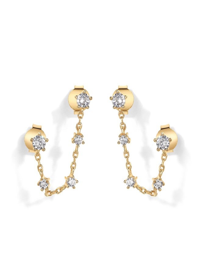 PAVOI 14K Yellow Gold Plated CZ Chain Earrings for Women - Double Piercing Dangle Chain Studs - Round Cubic Zirconia - Image 1