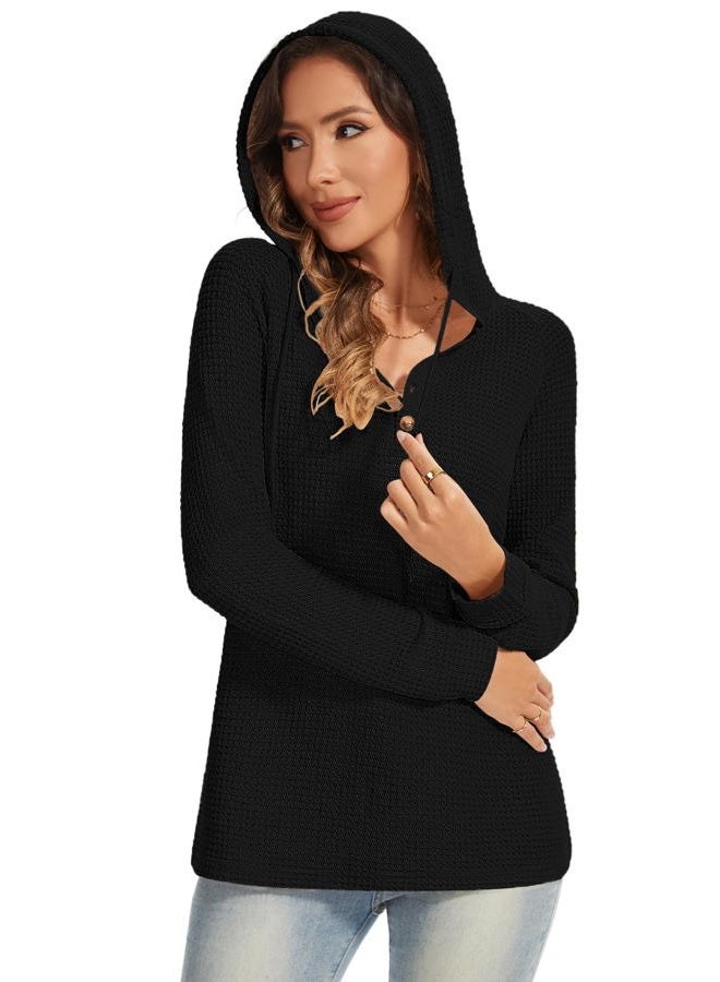 Dimur Hoodies for Women Long Sleeve Oversized Fall Pullover Sweatshirt Waffle Knit Casual V Neck Drawstring Hooded Tops, Black, M - Image 5
