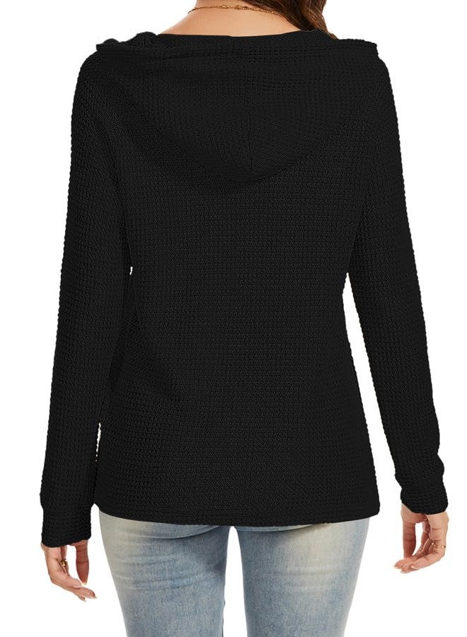 Dimur Hoodies for Women Long Sleeve Oversized Fall Pullover Sweatshirt Waffle Knit Casual V Neck Drawstring Hooded Tops, Black, M - Image 3