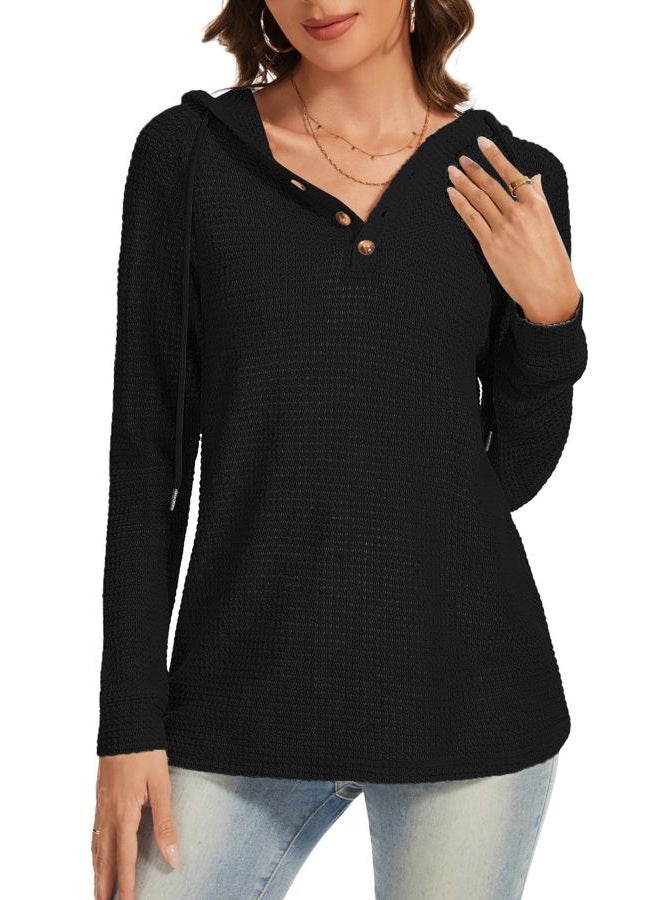 Dimur Hoodies for Women Long Sleeve Oversized Fall Pullover Sweatshirt Waffle Knit Casual V Neck Drawstring Hooded Tops, Black, M - Image 2