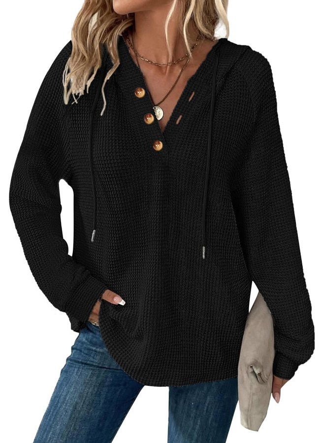 Dimur Hoodies for Women Long Sleeve Oversized Fall Pullover Sweatshirt Waffle Knit Casual V Neck Drawstring Hooded Tops, Black, M - Image 1
