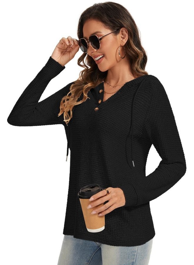 Dimur Hoodies for Women Long Sleeve Oversized Fall Pullover Sweatshirt Waffle Knit Casual V Neck Drawstring Hooded Tops, Black, M - Image 4