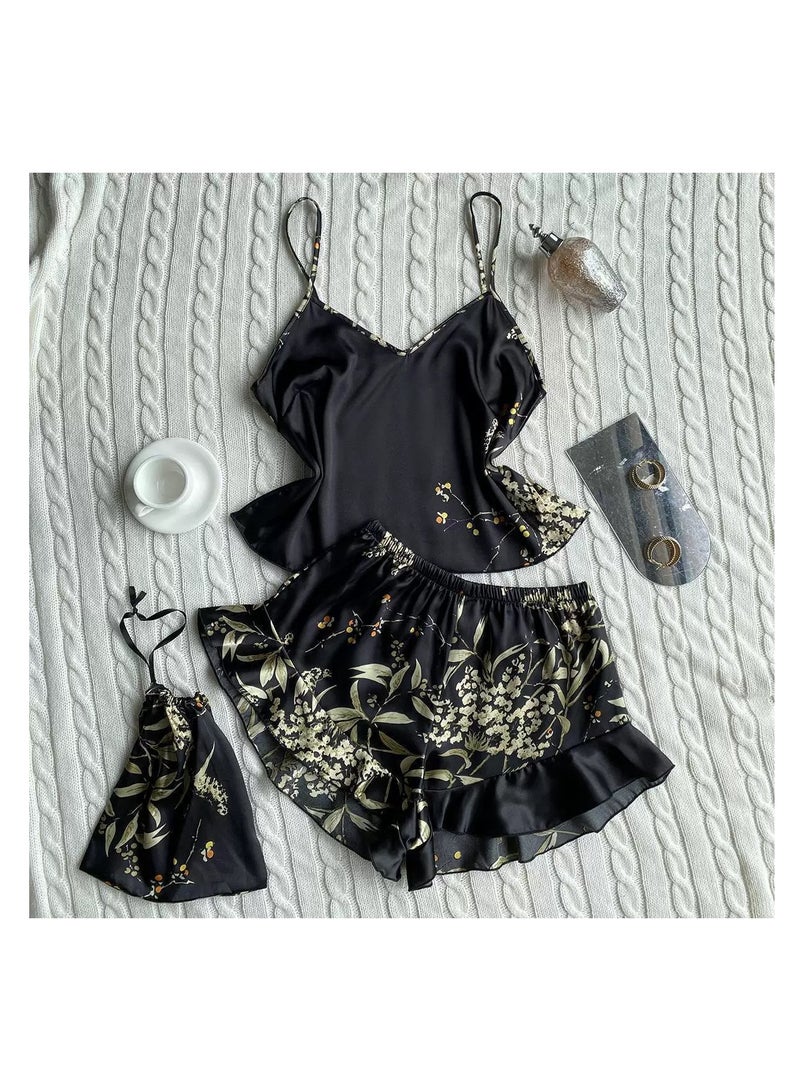 Women Satin Floral Pajama Set with Cami Top And Shorts With carrying Bag - Image 1