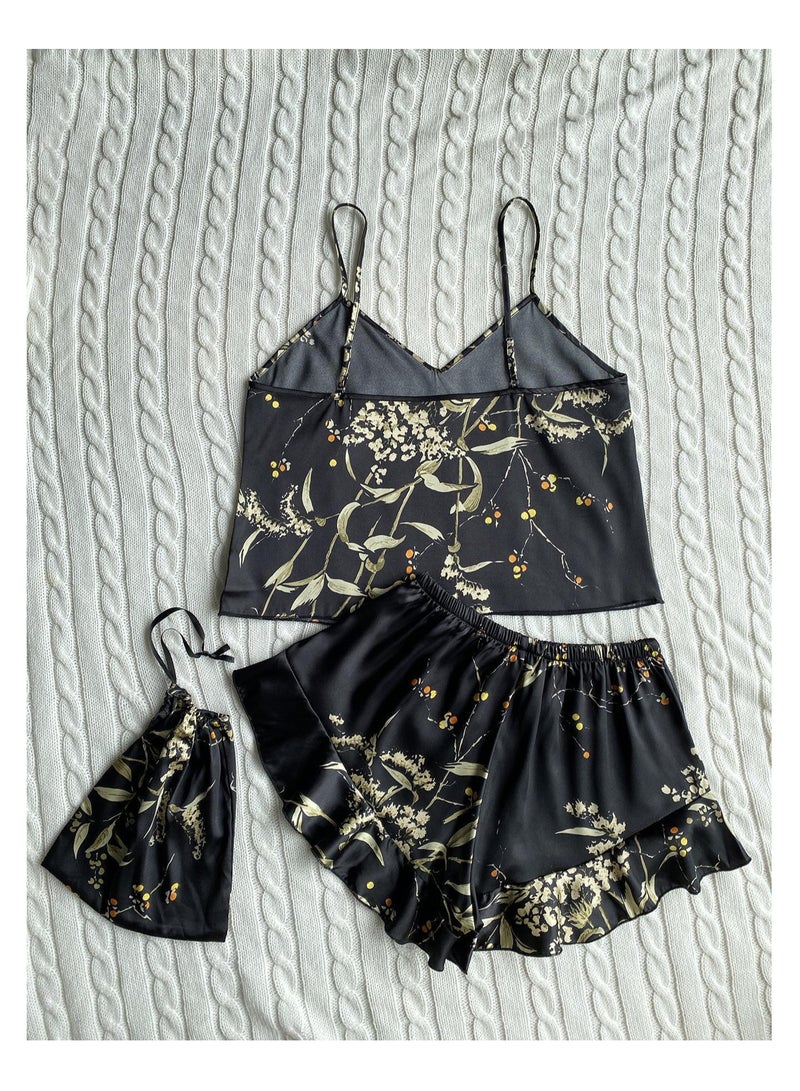 Women Satin Floral Pajama Set with Cami Top And Shorts With carrying Bag - Image 2