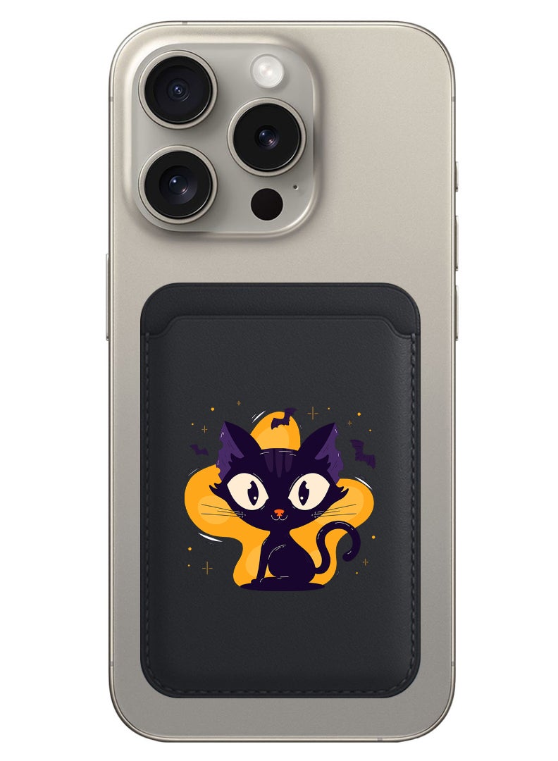 Theodor Magnetic Wallet, Compatible with MagSafe Wallet, for iPhone Wallet, for iPhone 16/15/14/13/12 Series, Not for iPhone 13/12 mini, 3 Card Holder, Vegan Leather, Black - Black Cat Halloween - Image 1