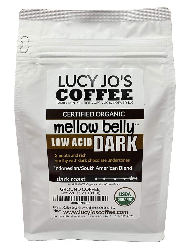 Lucy Jo's Coffee, Organic Mellow Belly DARK Low Acid Blend, Ground, 11 oz