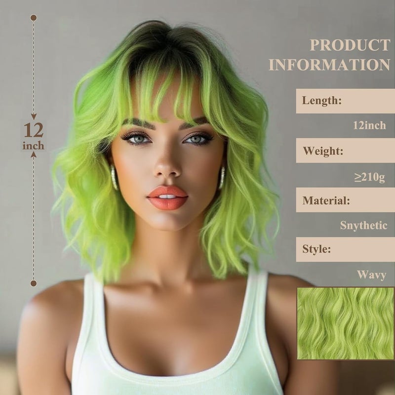 MISSQUEEN Short Green Wig with Bangs Women Girls Dark Roots Ombre Green Wigs Bob Style Heat Resistant Synthetic Natural Realistic Wig for Everyday Hairstyle Cosplay Party Halloween - Image 2
