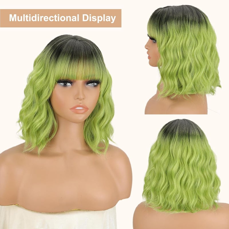 MISSQUEEN Short Green Wig with Bangs Women Girls Dark Roots Ombre Green Wigs Bob Style Heat Resistant Synthetic Natural Realistic Wig for Everyday Hairstyle Cosplay Party Halloween - Image 4