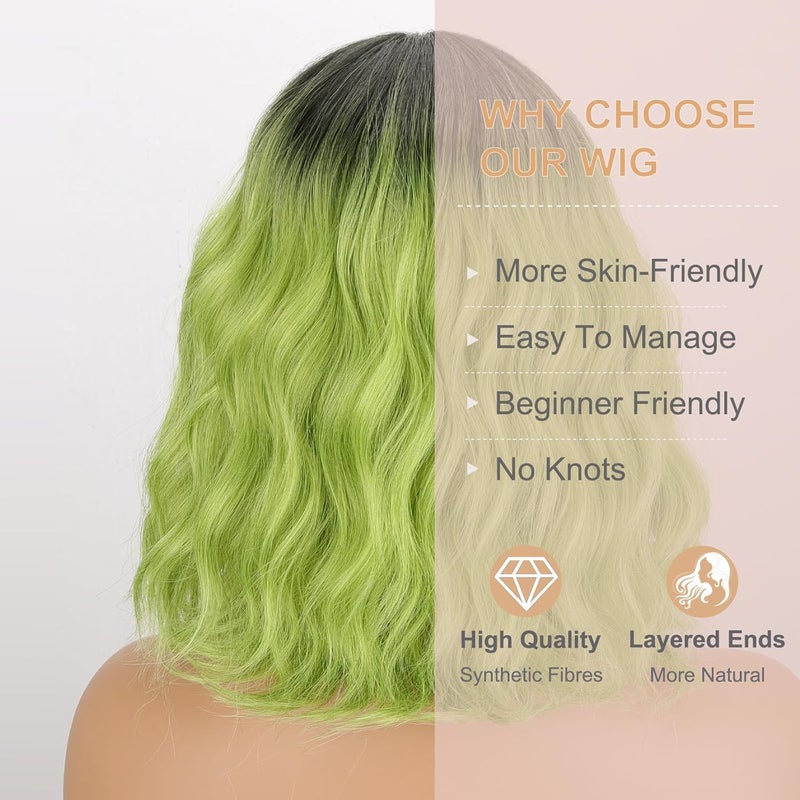 MISSQUEEN Short Green Wig with Bangs Women Girls Dark Roots Ombre Green Wigs Bob Style Heat Resistant Synthetic Natural Realistic Wig for Everyday Hairstyle Cosplay Party Halloween - Image 3