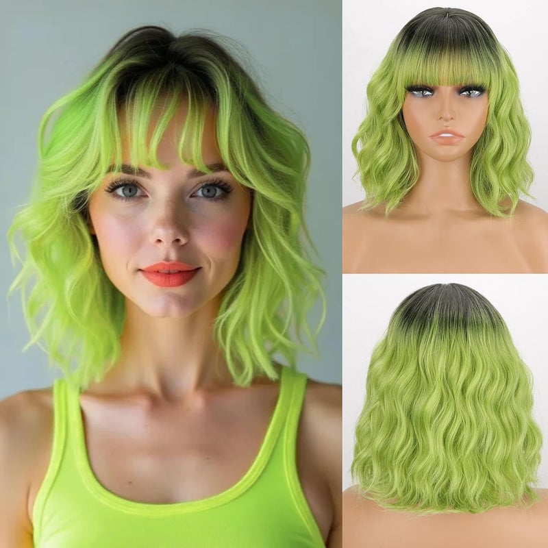 MISSQUEEN Short Green Wig with Bangs Women Girls Dark Roots Ombre Green Wigs Bob Style Heat Resistant Synthetic Natural Realistic Wig for Everyday Hairstyle Cosplay Party Halloween - Image 1