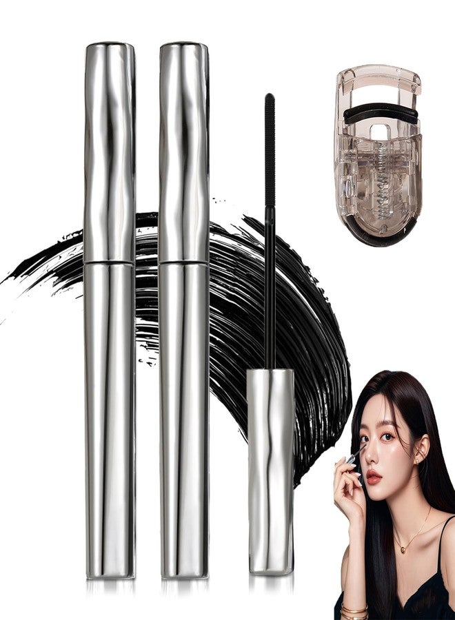 HUDABABY Waterproof Metal Wand Natural Washable Mascara, Steel Pipe Eyelash Primer Waterproof Long Lasting Lash Extensions Mascaras Long Lasting Smudge-Proof No Flaking (2 PCS and 1pcs Eyelash curler tool) - Image 1