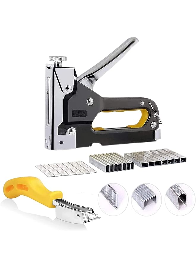 Beauenty 3-in-1 Staple Gun Upholstery Stapler Heavy Duty Power Crown Shooter Tacker Hand Operated Stainless Steel Nail Gun Tool for Fixing Material Carpentry Furniture Doors And Windows (Yellow) - Image 1