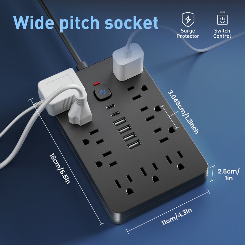 9 In 1 Power Strip With Wall Mount 10 Ft Extension Cord 4 USB Ports 2 USB C Ports Flat Plug Overload Protection For Home Office Use - Image 4