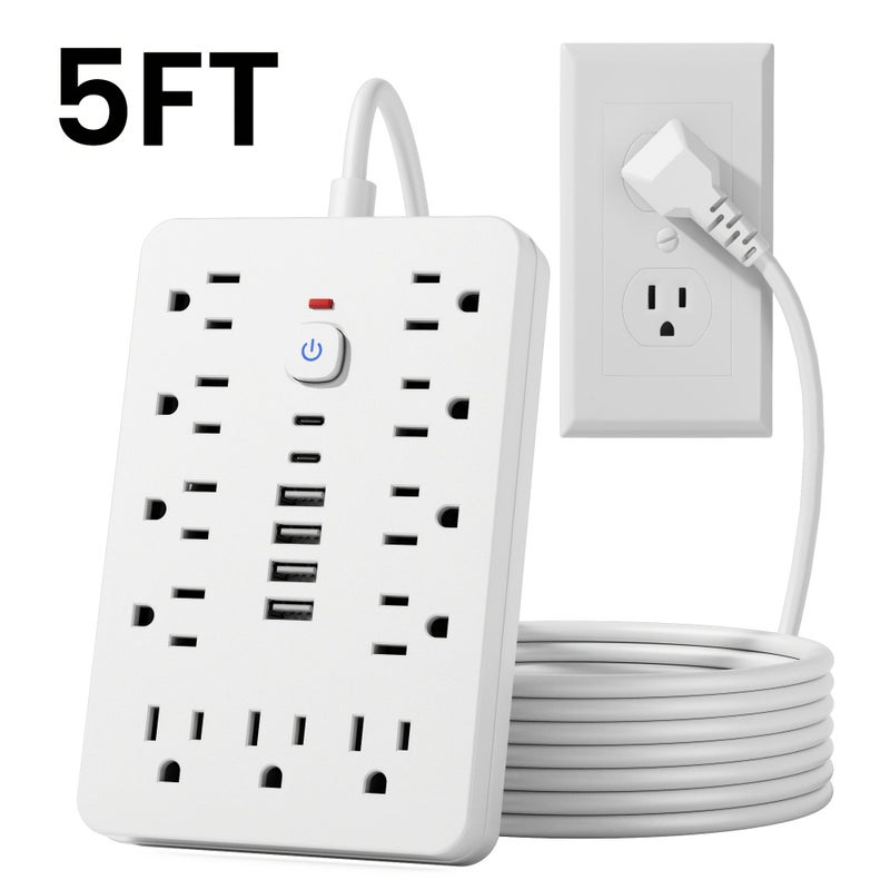 9 In 1 Power Strip With Wall Mount 10 Ft Extension Cord 4 USB Ports 2 USB C Ports Flat Plug Overload Protection For Home Office Use - Image 5